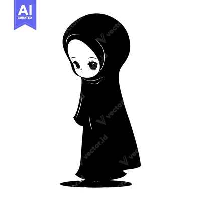 Aset premium populer: Black and White Illustration of a Young Girl Wearing a Hijab