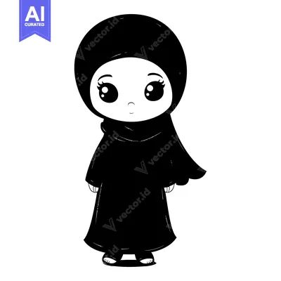 Aset desain premium: A Cartoon Illustration of a Young Girl Wearing a Hijab