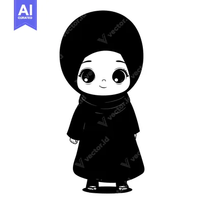 Aset desain premium: A Black and White Cartoon Illustration of a Young Woman Wearing a Hija