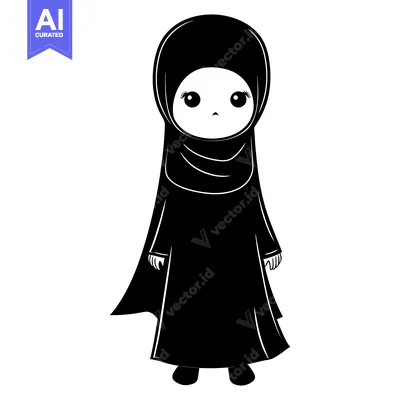 Premium design asset: Black and White Cartoon Illustration of a Young Woman Wearing a Hijab