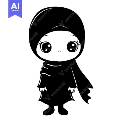 Aset desain premium: A Cute Cartoon Girl Wearing a Hijab and Traditional Clothing