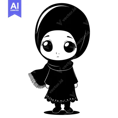 Aset desain premium: Black and White Illustration of a Young Girl Wearing a Hijab