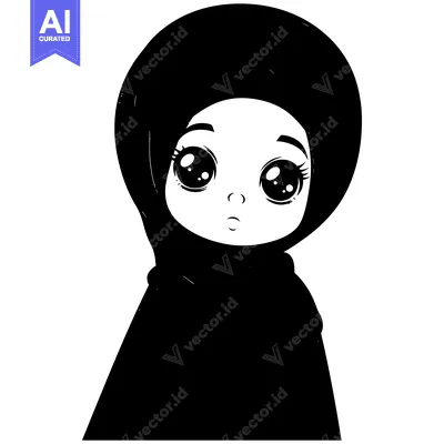 A Black and White Cartoon Illustration of a Young Girl Wearing a Hijab
