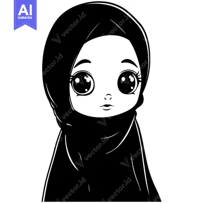 Aset premium populer: Black and White Illustration of a Young Girl Wearing a Hijab