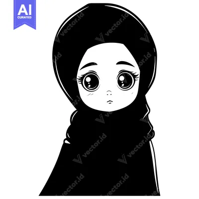 Aset desain premium: Black and White Illustration of a Young Woman Wearing a Hijab