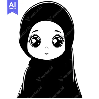 Aset desain premium: Black and White Illustration of a Young Girl Wearing a Hijab