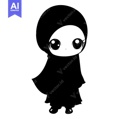 Aset premium populer: Black and White Cartoon Illustration of a Young Girl Wearing a Hijab