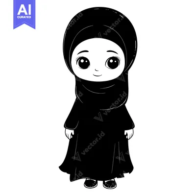 Aset desain premium: A Cartoon Illustration of a Young Girl Wearing a Hijab