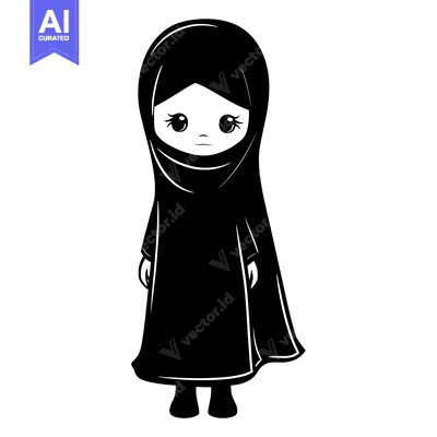Aset premium populer: Black and White Illustration of a Young Girl Wearing a Hijab