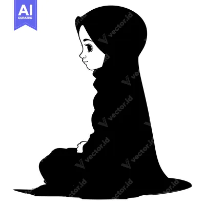 Silhouette of a Young Girl Wearing a Hijab Sitting in a Seated Positio