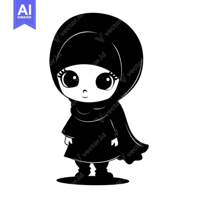 Black and White Illustration of a Young Girl Wearing a Hijab