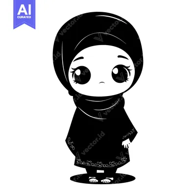 Aset premium populer: A Black and White Illustration of a Young Girl Wearing a Hijab