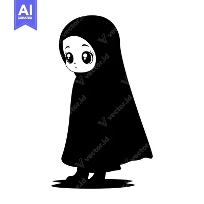 Aset desain premium: Black and White Illustration of a Young Girl Wearing a Hijab