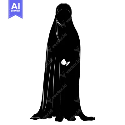Aset desain premium: Black and White Silhouette of a Woman Wearing a Niqab
