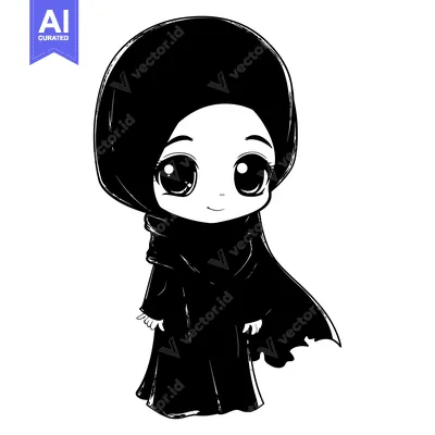 Black and White Cartoon Illustration of a Young Woman Wearing a Hijab