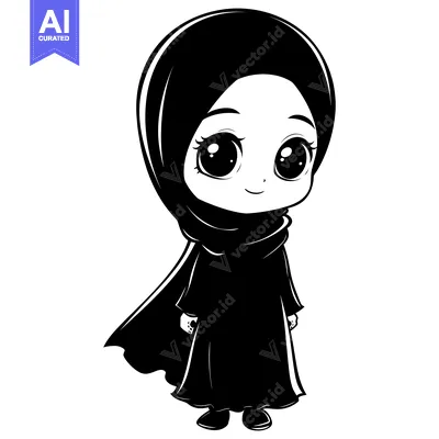 Premium design asset: A black and white illustration of a young girl wearing a hijab