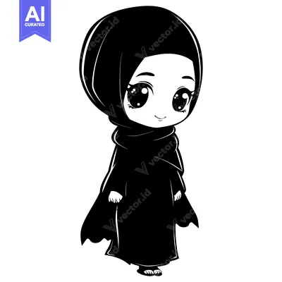 Aset desain premium: Black and White Illustration of a Young Woman Wearing a Hijab