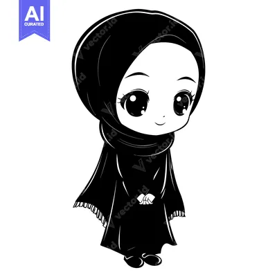 Aset premium populer: Black and White Illustration of a Young Woman Wearing a Hijab