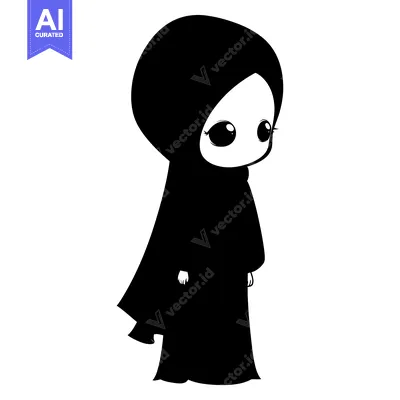 Aset premium populer: A Black and White Illustration of a Cartoon Girl Wearing a Hijab