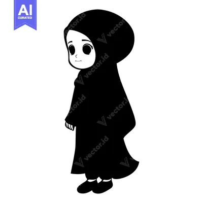 Popular premium asset: Black and White Cartoon Illustration of a Young Girl Wearing a Hijab