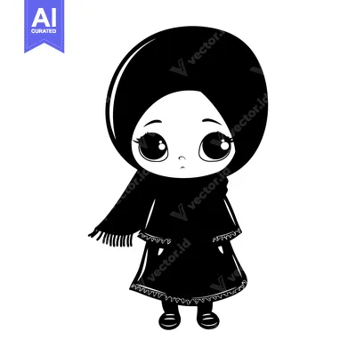 Aset desain premium: Black and White Illustration of a Young Girl Wearing a Hijab