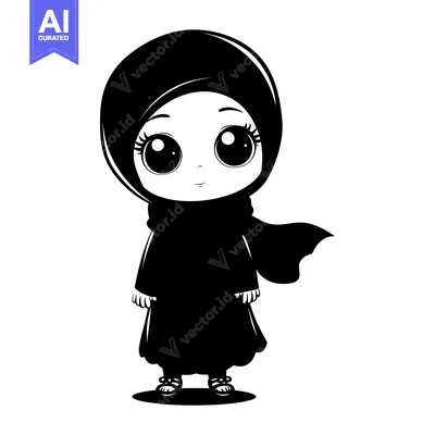 Aset premium populer: A Cartoon Illustration of a Young Girl Wearing a Hijab