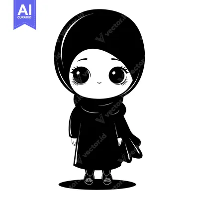 Popular premium asset: A black and white cartoon illustration of a young girl wearing a hijab