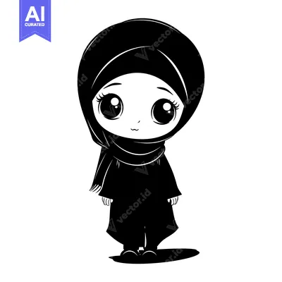 Aset premium populer: Black and White Cartoon Illustration of a Young Girl Wearing a Hijab