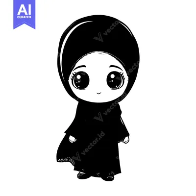 Aset desain premium: Black and White Illustration of a Young Girl Wearing a Hijab