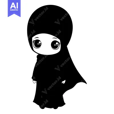 Aset desain premium: A Cartoon Illustration of a Young Girl Wearing a Hijab