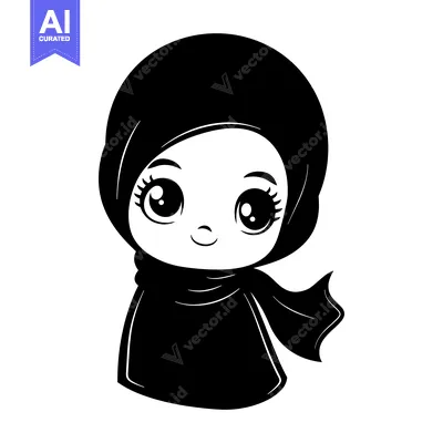 Aset desain premium: Black and White Illustration of a Young Girl Wearing a Hijab