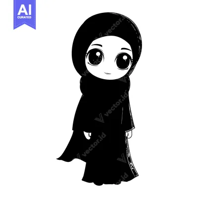 Black and White Illustration of a Young Woman Wearing a Hijab