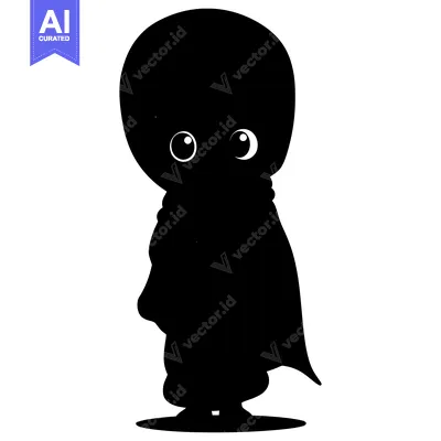 Aset premium populer: Black silhouette of a cartoon character wearing a cape with large eyes
