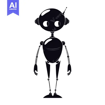 Aset desain premium: Black and white silhouette of a cartoon robot with round head, antenna