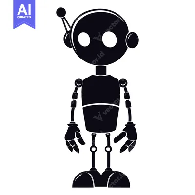 Aset desain premium: Black and white silhouette of a cartoon robot with a large round head