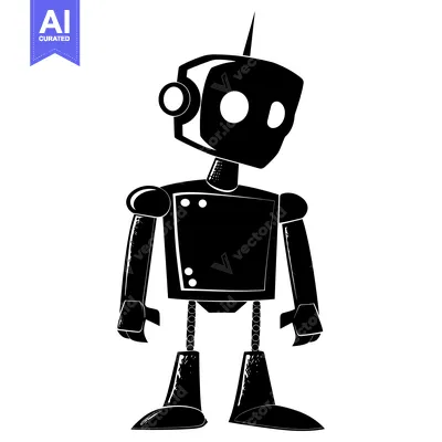 Aset desain premium: Black and White Illustration of a Cartoon Robot