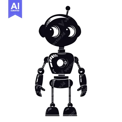 Aset desain premium: Black and White Silhouette of a Cartoon Robot with Big Eyes