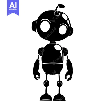 Aset premium populer: A Cartoon Robot with Circular Features and Black Silhouette