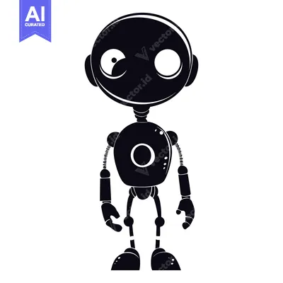 Premium design asset: Black and white illustration of a cartoon robot with large eyes
