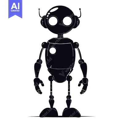 Aset desain premium: Black and White Silhouette of a Robot with Large Round Eyes and Antenn