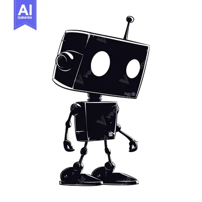 Aset desain premium: Black and White Cartoon Silhouette of a Robot Walking
