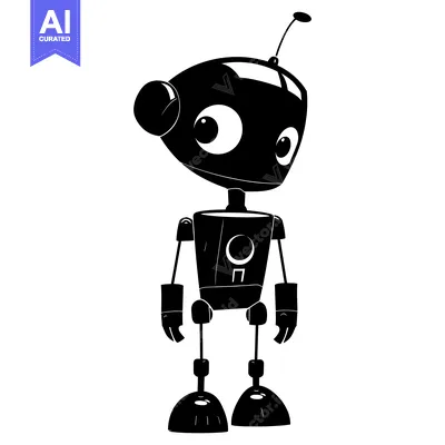 Aset desain premium: Black and White Silhouette of a Cartoon Robot with Big Eyes