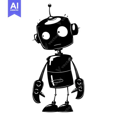 Popular premium asset: A black and white illustration of a cartoon robot with wide eyes