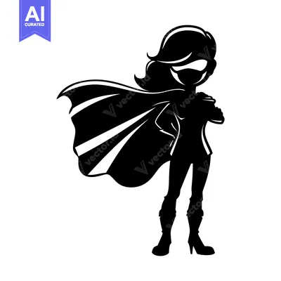 Aset desain premium: Silhouette of a Female Superhero with a Cape and a Confident Stance