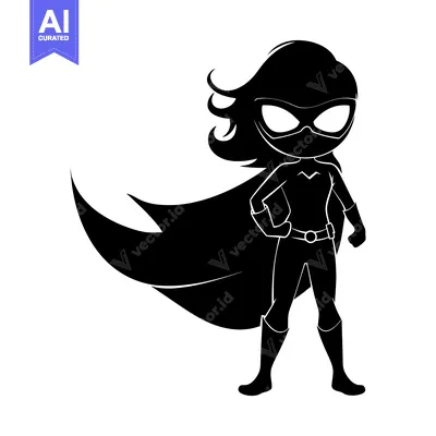 Aset desain premium: Black and White Silhouette of a Female Superhero with a Cape