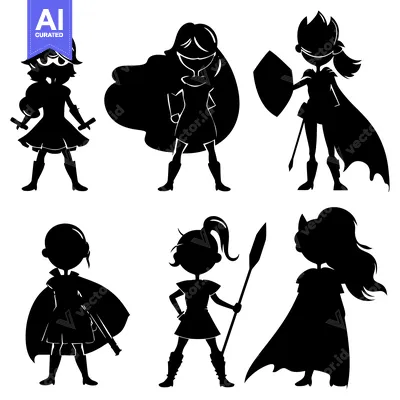 Premium design asset: Six Silhouettes of Female Characters in Superhero Poses