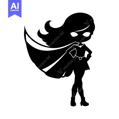 Aset desain premium: Silhouette of a female superhero with a cape, standing with one hand o