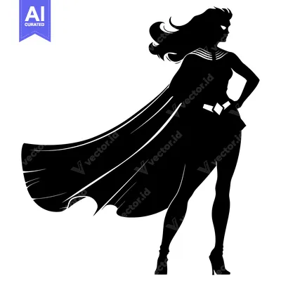 Aset desain premium: Silhouette of a Female Superhero with Flowing Cape