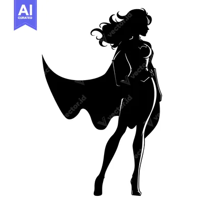 Aset desain premium: Silhouette of a Female Superhero with a Cape