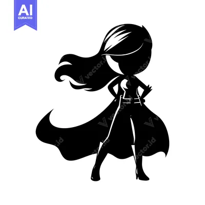 Aset premium populer: Silhouette of a female superhero standing with cape flowing
